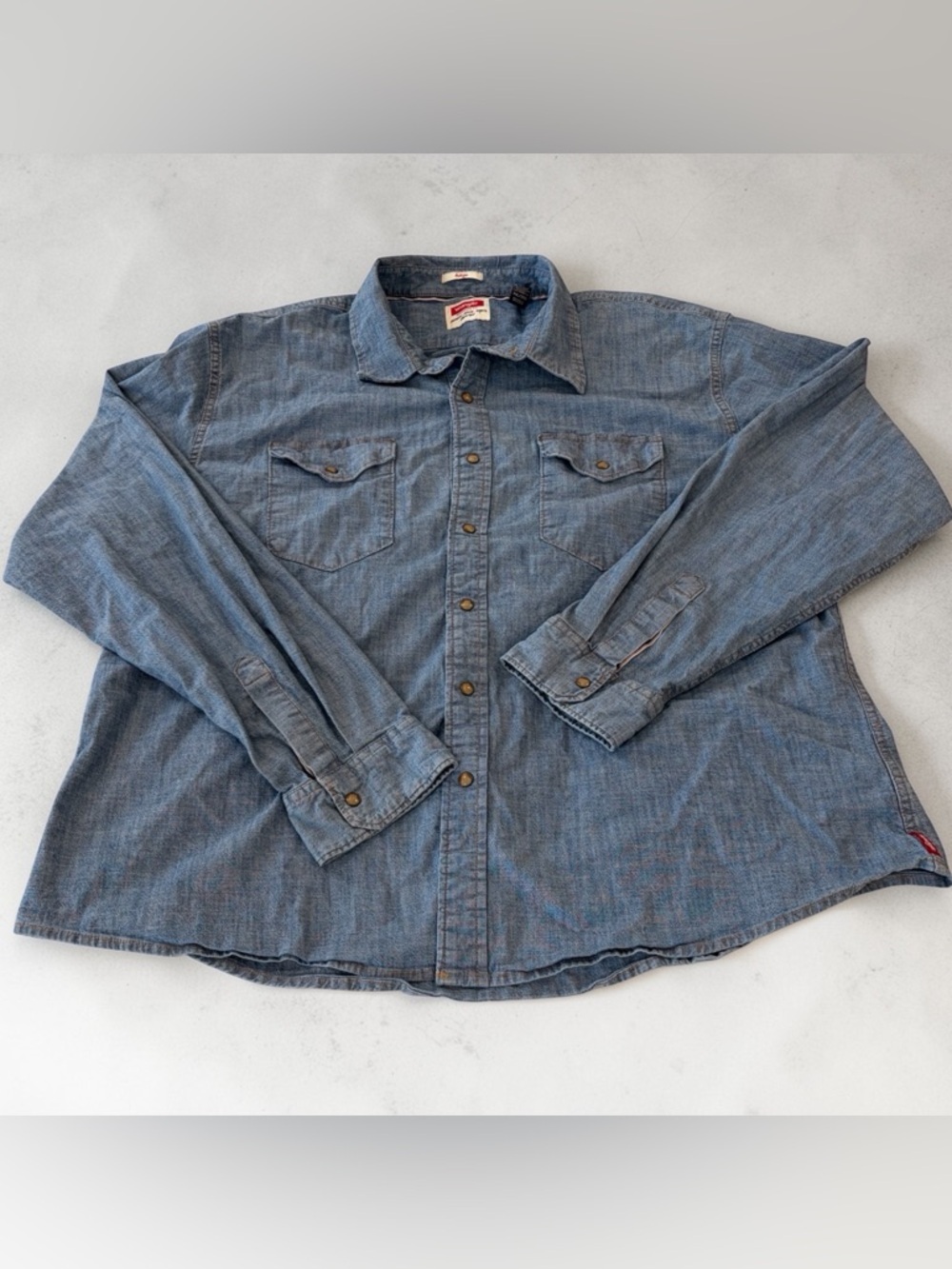Wrangler Chambray Pearl Snap Shirt Mens 3XL Blue Western Denim Cotton Spandex‎